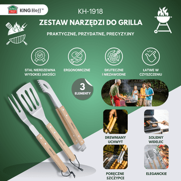 slomart Set za roštilj Kinghoff KH-1918, 3 elementa, drvene drške, nehrđajući čelik