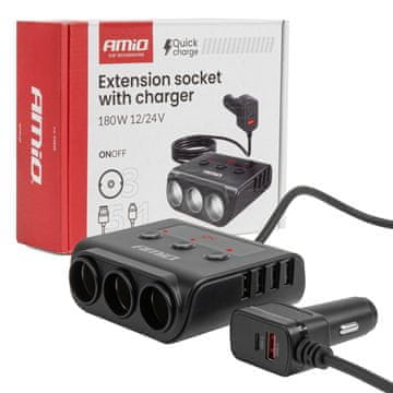 AMIO Razdjelnik za upaljač s punjačem 4xUSB-A QC3.0 PD 3.0 180W -04835