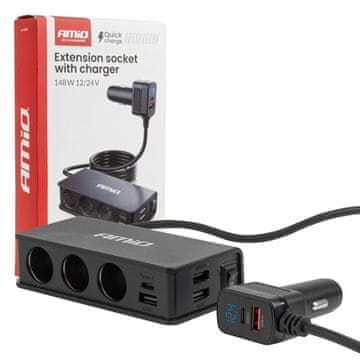 slomart AMiO Razdjelnik upaljača s punjačem 3x USB-A + 1x USB-C QC3.0 PD3.0 148W