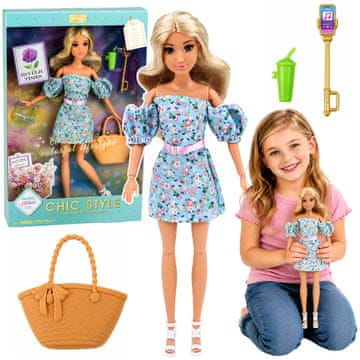 slomart Lutka Anlily Fashion u plavoj haljini s cvjetnim uzorkom, torbom i dodacima