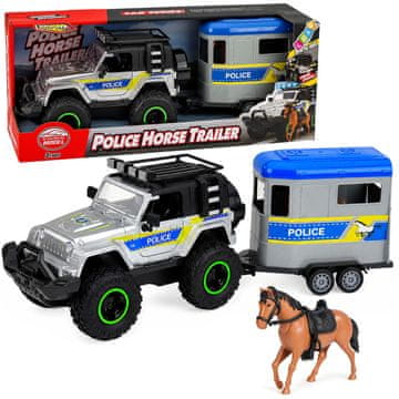 slomart Policijski set: terensko vozilo, prikolica za konja, svjetla, zvukovi, LEAN TOYS