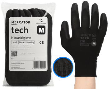 Rukavice za rad MERCATOR Tech black+black PU - M - 12 pari