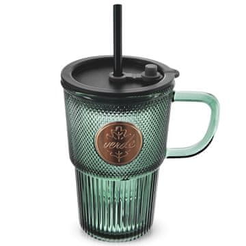 Orion VERDE staklena šalica s poklopcem i slamkom 450 ml