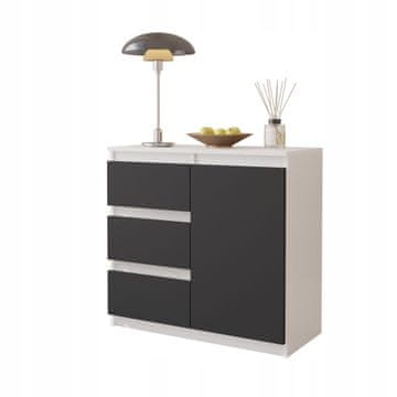 KOMODA S LADICAMA 80 CM MAT BIJELA / ANTRACIT 3 LADICE 1 POLICA NA VRATIMA
