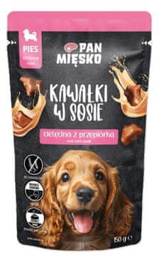 Pan Mięsko Mr. Meat | Komadići u umaku - mokra hrana za štence - Teletina s prepelicama 150 g