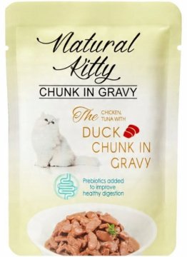 Natural Kitty | Komadići u umaku za mačke | Vrećica od 85 g - Piletina s tunom i komadićima patke u umaku 85 g