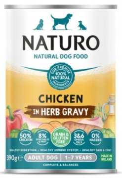 Naturo | Odrasli - Bez žitarica i glutena | Konzerva od 390 g - Piletina i slatki krumpir, miješana paprika, grah, u umaku od začinskog bilja 390 g