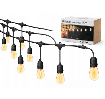 Vrtna mrežasta girlanda, vanjska, za vrt, kabel 15m, 15xE27 LED