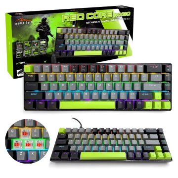 Media-Tech RED CORE MX60 - Kratka 60% mehanička gamerska tipkovnica, tihi RED mehanički prekidači, šareno pozadinsko osvjetljenje, 68 tipki, USB-C. Boja: crna i zelena.