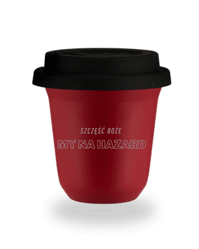 150 ml CRVENA šalica "Bože blagoslovi nas, kockamo se", s crnim poklopcem