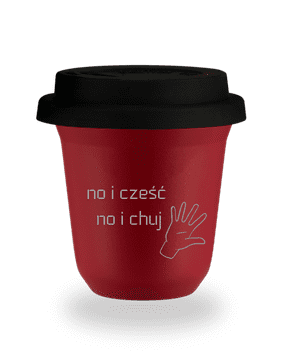 150 ml CRVENA šalica "Hi, hello, and f*ck" s crnim poklopcem
