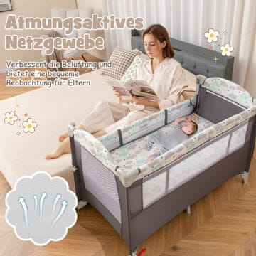 Northix 5 u 1 sklopivi putni krevetić s madracem, dječji krevetić na 2 razine s kotačima, sivi