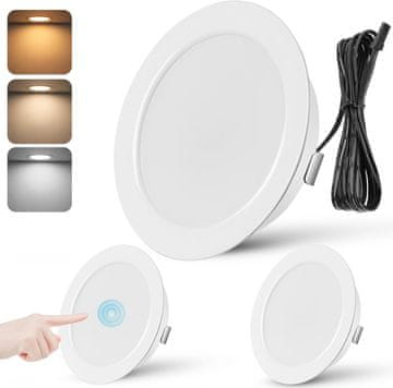 Nikcorp Ugradbene LED stropne svjetiljke URing 12V 3W, set 3 kom, tanke 6,5 cm, touch senzor, podesiva boja svjetla 3000K-6000K, prigušivanje, memorija, za kampere, brodove i namještaj, kabel 2 m, bijele