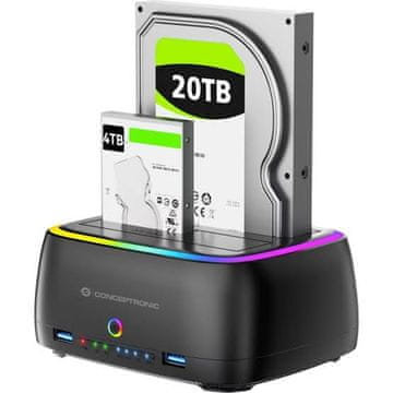 Conceptronic Conceptronic DONN36B dvostruka docking stanica za HDD/SSD, USB 3.2 Gen 1 Type-C, 2x USB-A, RGB, čitač SD/MicroSD, UASP, za 2,5" i 3,5" diskove