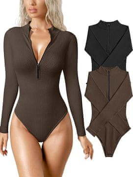 Nikcorp Ženski body jednodelni kombinezon set 2 kom prugasti crni i čokoladno smeđi, veličina S, ribbed bešavni, dugi rukav, slim-fit, prednji metalni patent, stojeći ovratnik, podesivi dekolte, zatvaranje