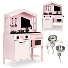 EcoToys Drvena dječja kuhinja, pećnica, plamenici za mikrovalnu pećnicu, pribor ECOTOYS