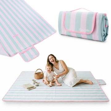 HyperMotion Piknik deka 150 x 200 cm s ružičasto-zelenim prugama - vodootporno PVC dno, sklopiva za park i vrt, ugrađena ručka za nošenje