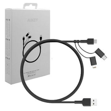 Aukey Višenamjenski USB kabel Micro USB | USB-C | Lightning, 1.2m, crni najlon