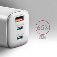 AXAGON Axagon ACU-DPQ65W mrežni punjač, GaN 65W, 3x port (USB-A + 2x USB-C), bijeli