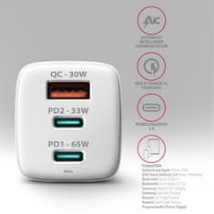 AXAGON Axagon ACU-DPQ65W mrežni punjač, GaN 65W, 3x port (USB-A + 2x USB-C), bijeli