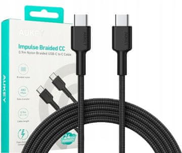Aukey AUKEY CB-CD45 USB-C na USB-C kabel 0.9m, 60W PD, crni