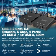 Digitus Digitus DA-70148 USB 3.1 produžetak preko Cat6a do 100m, 3x USB-A, 1x USB-C, 1x RJ45