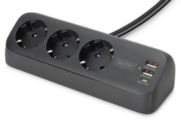 Digitus Digitus DA-30101 stolna napojna letva, 3x Schuko, 2x USB-A (12W), 1x USB-C (30W), 1.5m, crna
