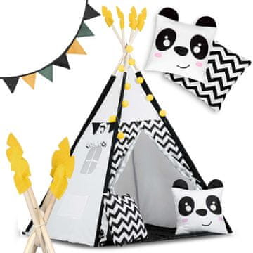 Northix Šator teepee za djecu s girlandom i svjetlima Nukido, crno-bijeli s pandom
