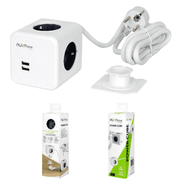 LED LINE Produžni kabel 4 utičnice + 2 USB 2.1A/5V AURA line CUBE kabel 1.5m 16A Nosač za montažu
