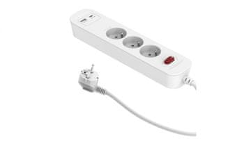 PD20 Produžni kabel za brzo punjenje s 3 utičnice i prekidačem + 2x USB (A+C) 1,4 m, bijeli / 34096