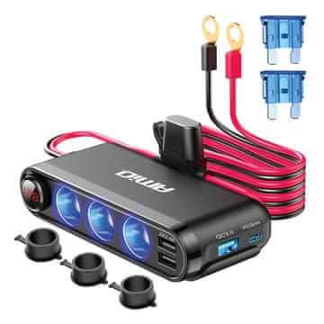 slomart Razdjelnik utičnice auto upaljača AMiO s 3xUSB, USB-C i voltmetrom