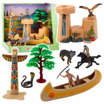 Set indijanskih figura, selo Indijanaca, totem za kajak