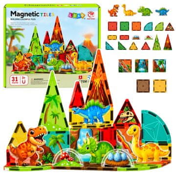 slomart Magnetne kocke LEAN TOYS, Dinosaura, Motiv vulkana, 31 el.