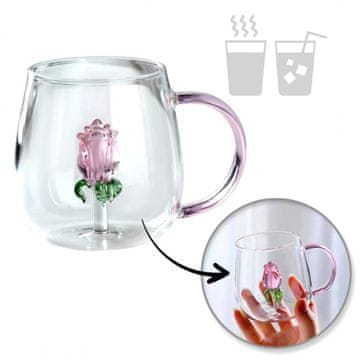 ČAŠA SA STAKLENIM TULIPANOM UNUTRA, RUŽIČASTA RUČKA, 400 ML, DEKORATIVNA