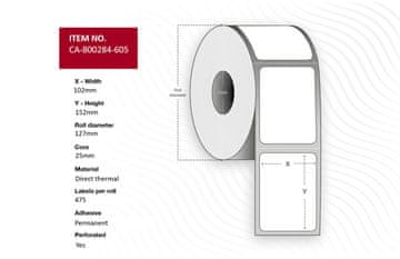 Capture Termalne naljepnice za snimanje 102 x 152 mm, bez premaza, trajne, perforirane, 475 po roli, 12 rola po kutiji, CA-800284-605