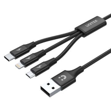 slomart Unitek C14049BK 3u1 USB-A kabel, USB-C/microUSB/Lightning, 1.2m, crni