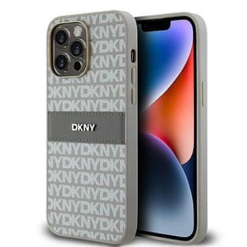 DKNY Bež futrola za iPhone 14 Pro od kože s mono prugama i metalnim logom
