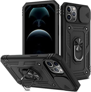 Futrola za iPhone 12 slide, oklopljena, crni prsten + staklo