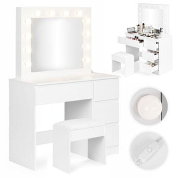 Northix Toaletni stolić s LED ogledalom, 4 ladice + tabure