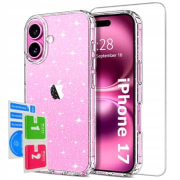 Silikonska futrola za iPhone 17 s glitter sjajem, 2 mm + 9H staklo