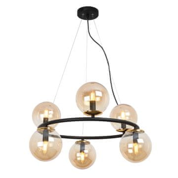 Viseća lampa Aura crno-zlatna 6-kraka, staklo u boji meda E14