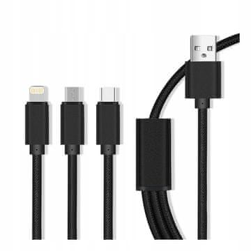Maxlife 3u1 USB kabel - Lightning + USB-C + microUSB 1,0 m 2,1A crni