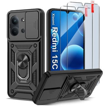 Oklopna crna klizna maskica za Xiaomi Redmi 15C 5G ojačana + 2x 9H staklo