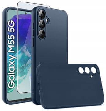 Futrola za Samsung Galaxy M55 5G, mekana mat stražnja strana, mat tamnoplava + staklo