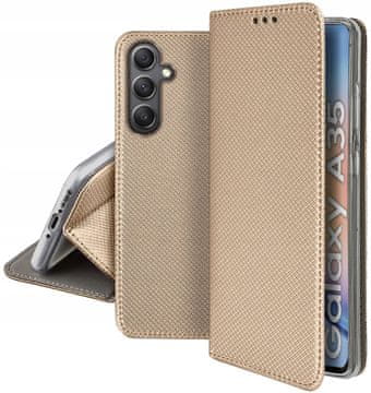 Maska za Samsung Galaxy A35 5G pametna magnetna futrola za knjige zlatna + staklo