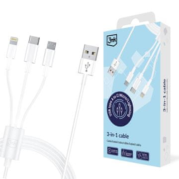 3M Pribor - 3MK kabel USB tip A na USB C/Micro USB/Lightning 1,2 m 20 V/2,4 A 15 W bijeli MM - globalno