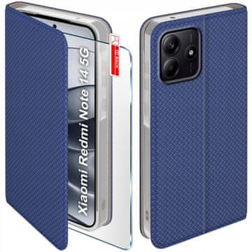 Maska za Xiaomi Redmi note 14 5G s magnetnim zatvaračem za knjige, tamnoplava + staklo