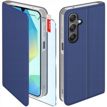 Futrola za Samsung A16 / A16 5G s pametnim magnetskim zatvaranjem s preklopom, tamnoplava + staklo
