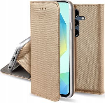 Futrola za Samsung A16 / A16 5G s pametnim magnetskim zatvaranjem i preklopom, zlatna + staklo
