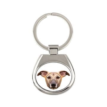 Whippet, engleski hrt - geometrijski privjesak za ključeve s fotografijom i natpisom